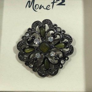 Monet2 Green Crystal and Bronze Pin Brooch